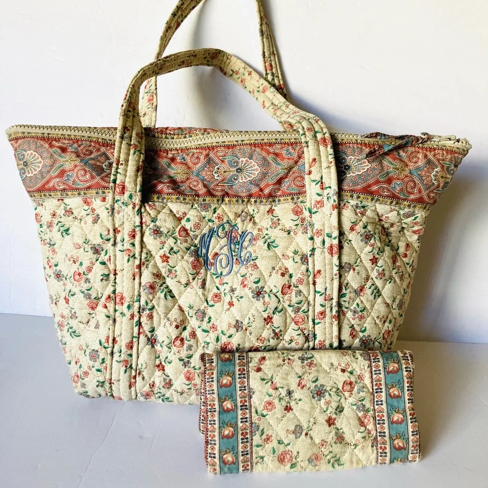 Vintage Vera Bradley Cream Paddy 1985 Indiana Tote Bag & Checkbook Cover Rare! - Picture 12 of 12